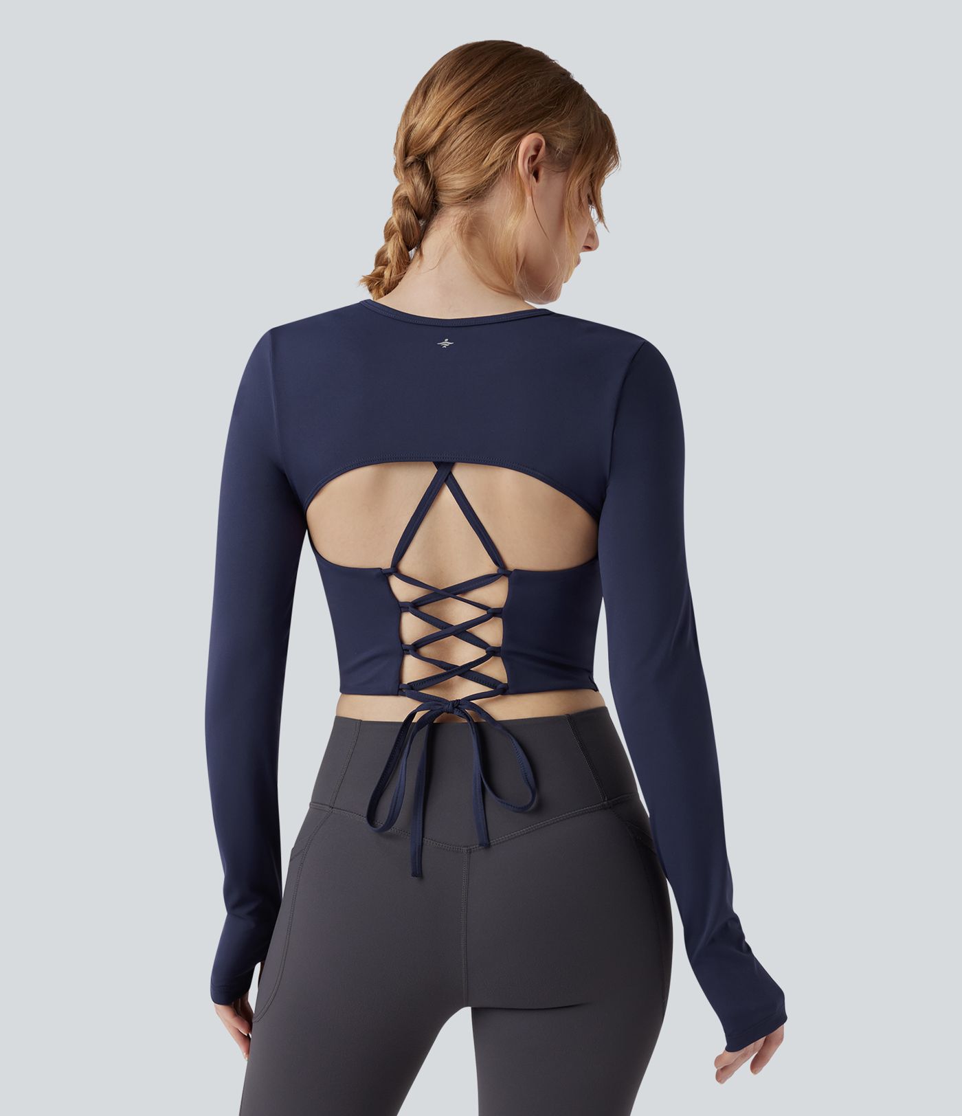 Haut de sport yoga court 2-en-1 col rond à manches longues avec passants pouces et laçage SoftlyZero™ Airy - UPF50