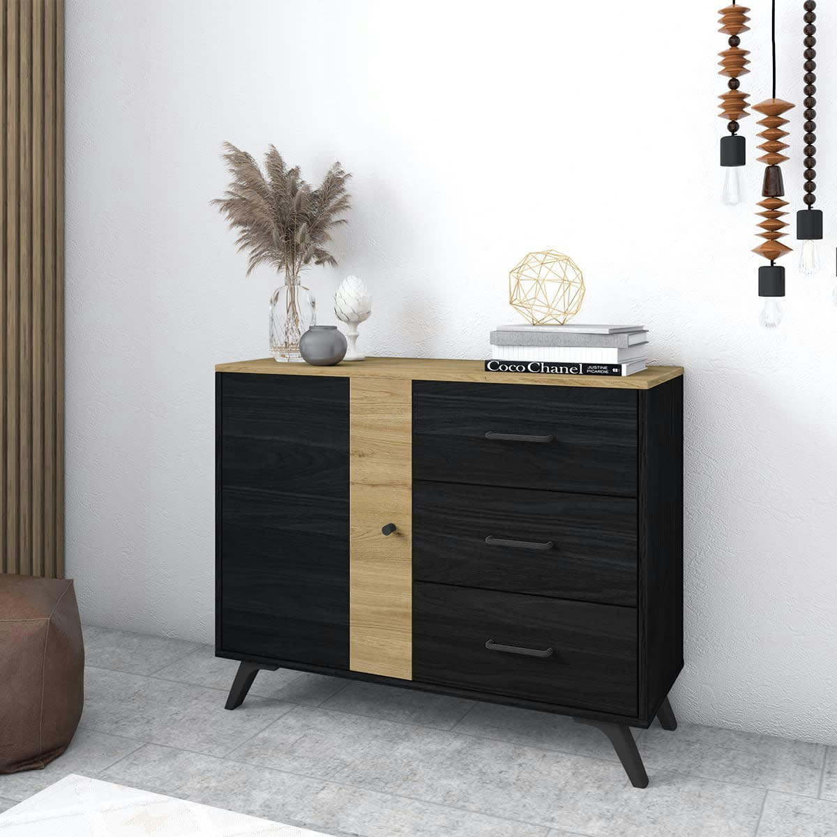 ZACK - Buffet 1 porte 3 tiroirs effet bois noir et bois naturel 92 cm