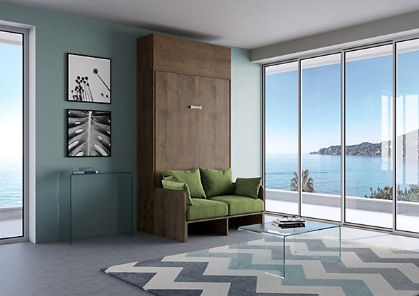 Lit queen-size escamotable Kentaro 120 cm avec canapé et élément mural en noyer, vert