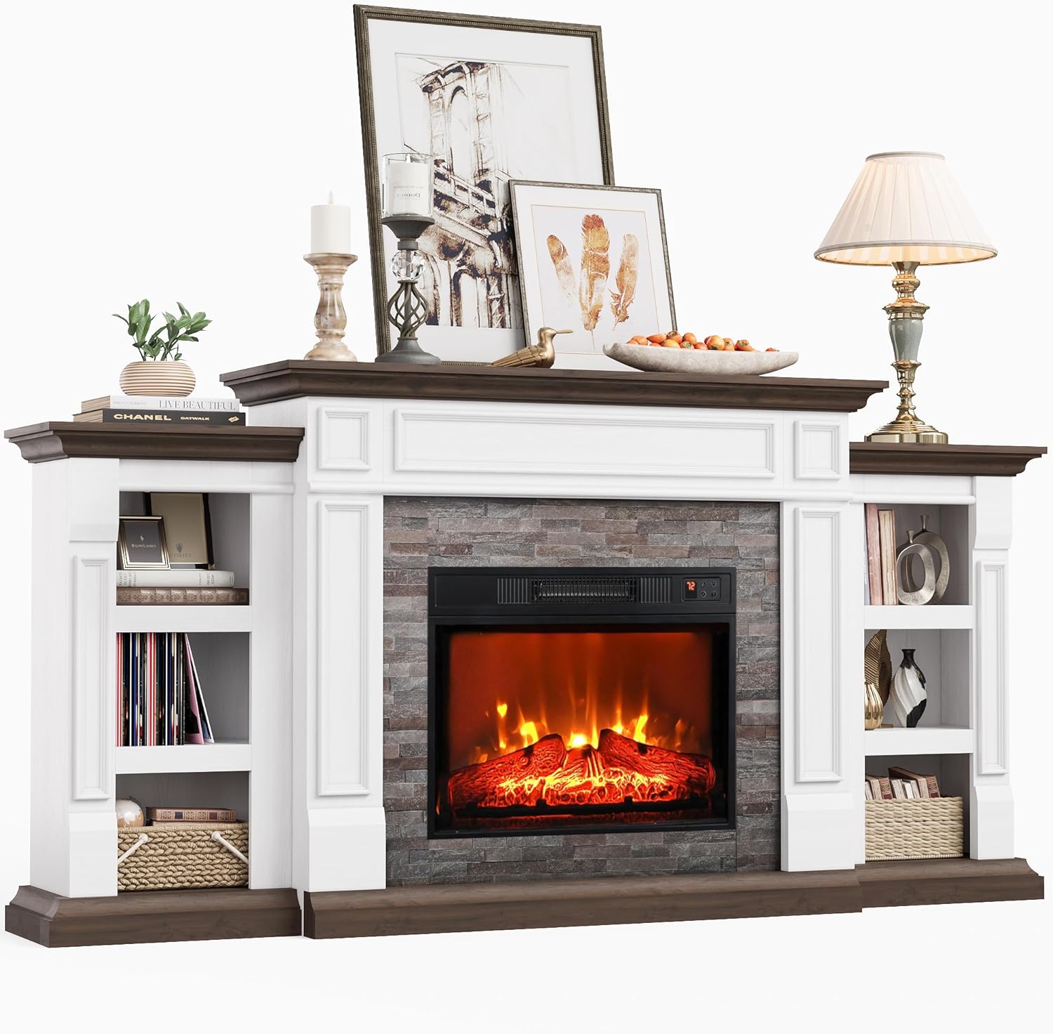 Naice 72 Electric Fireplace with Mantel and Cabinets, Fireplace TV Stand for Living Room Bedroom, Stacked Stone Surround and Remote Control 3D Realistic Flame