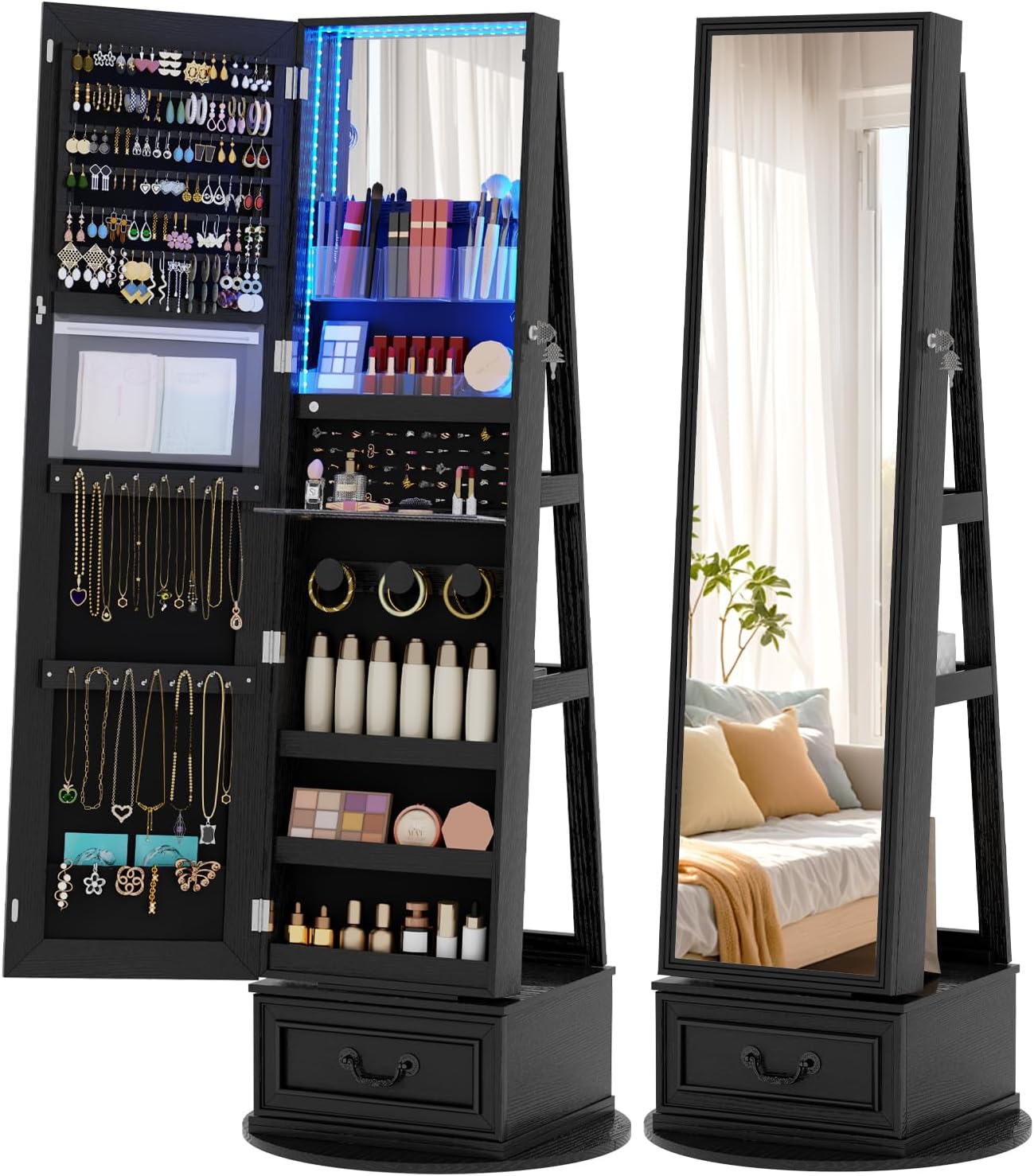 Vlsrka Mirror Jewelry Cabinet Standing, 360° Swivel Jewelry Armoire with Full Length Mirror, Lockable Mirror with Jewelry Storage, 3-Color LED Lights, Foldable Makeup Shelf, Black
