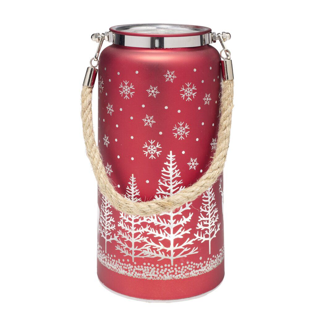 Lanterne décorative 12 LED motif No&euml;l verre rouge H20cm