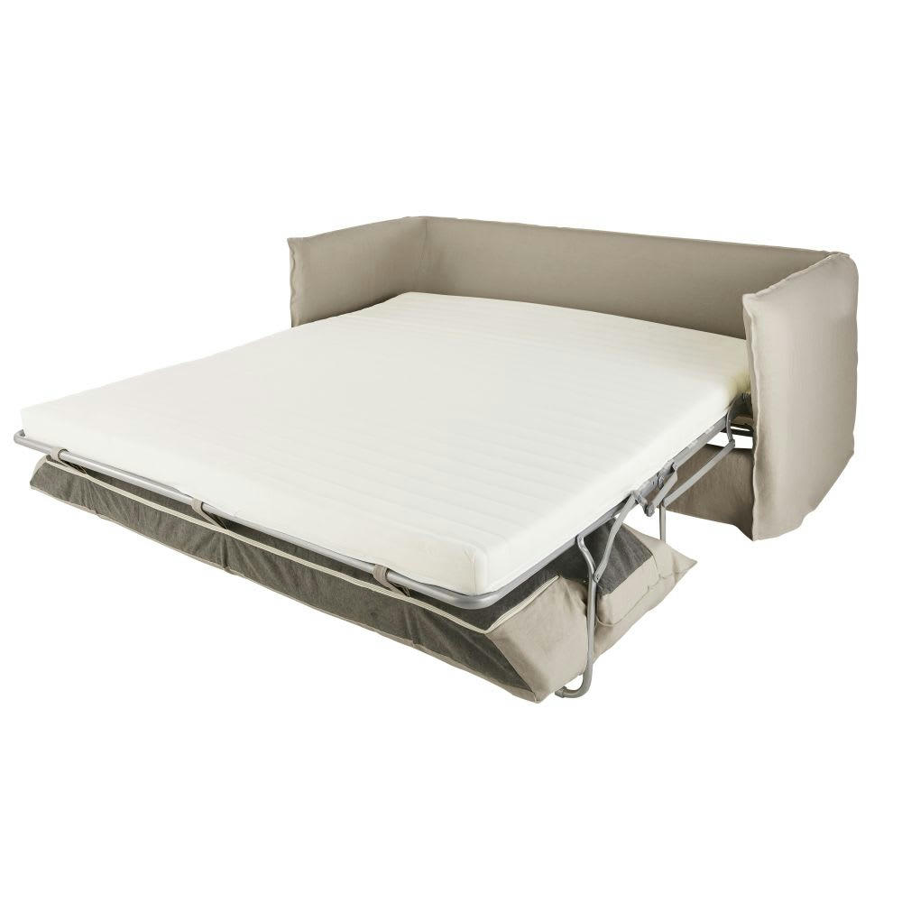 Louvain - Canapé convertible 3/4 places en lin supérieur beige, matelas 10 cm