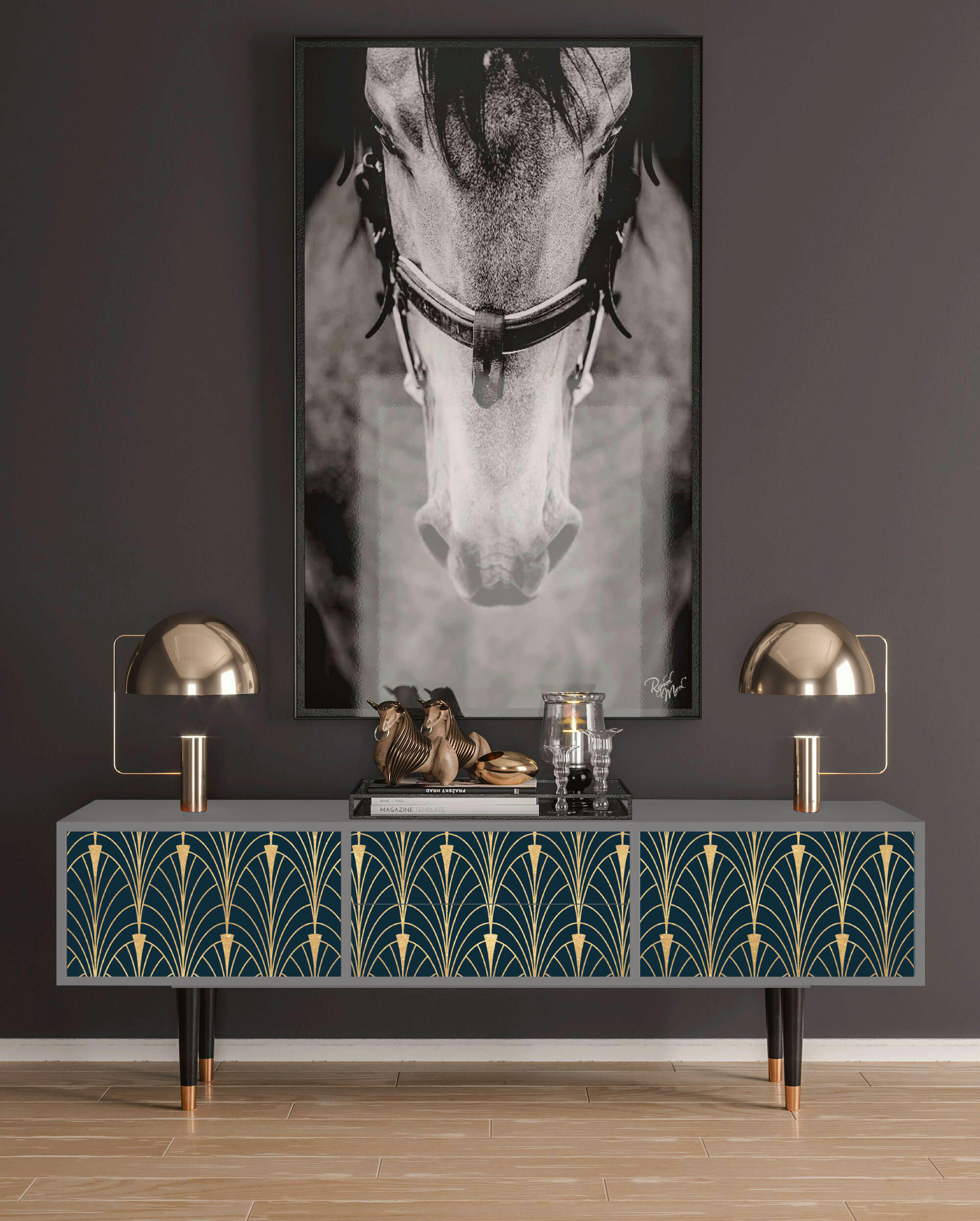 FLOWER OF THE NILE - Meuble TV  bleu et jaune 2 tiroirs et 2 portes L 170 cm