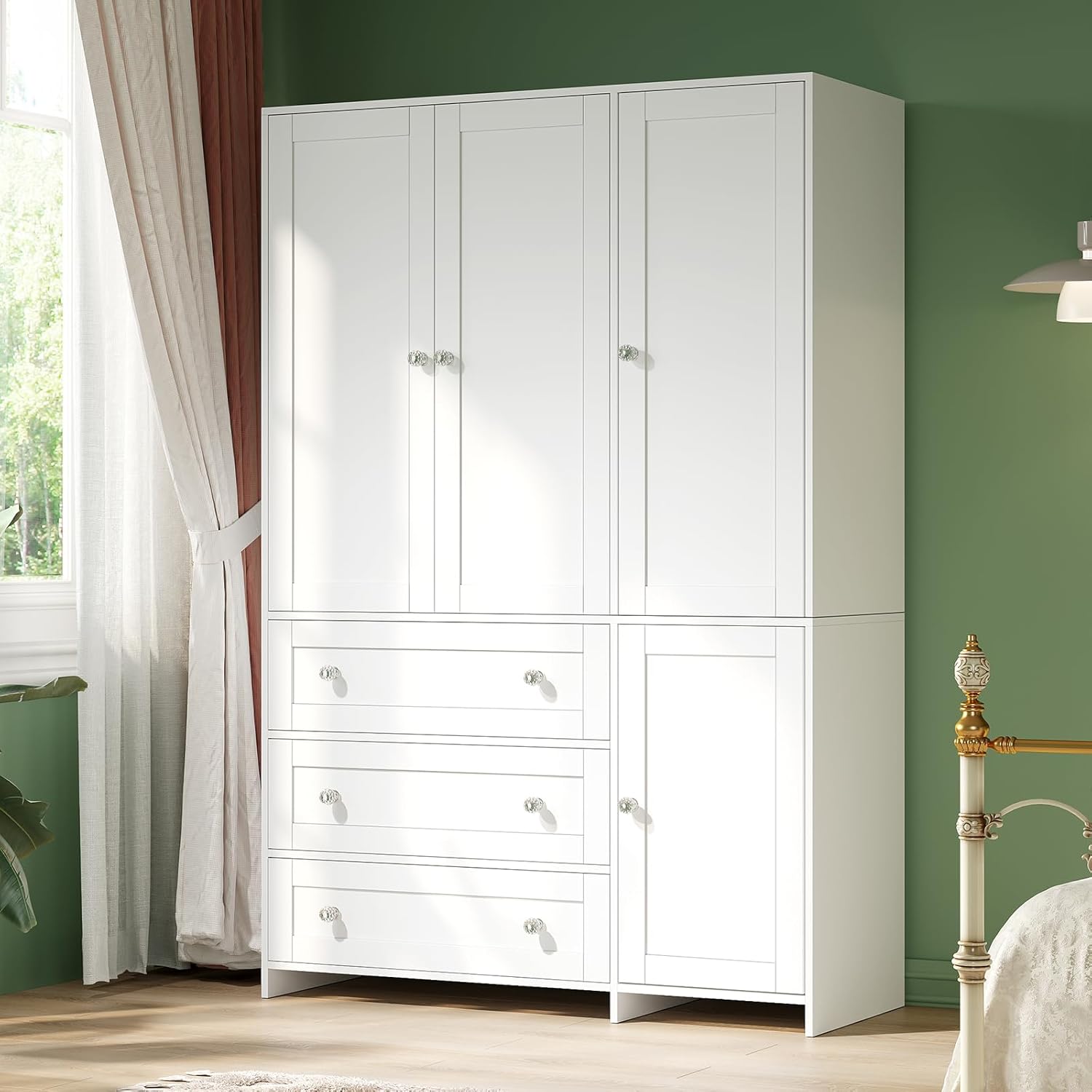 VOWNER Armoire Wardrobe Closet with Drawers and Mirror, 71 Clothing Storage Cabinet with Hanging Rod, 4 Doors Wooden Wardrobe Cabinet for Bedroom, Large Capacity Storage
