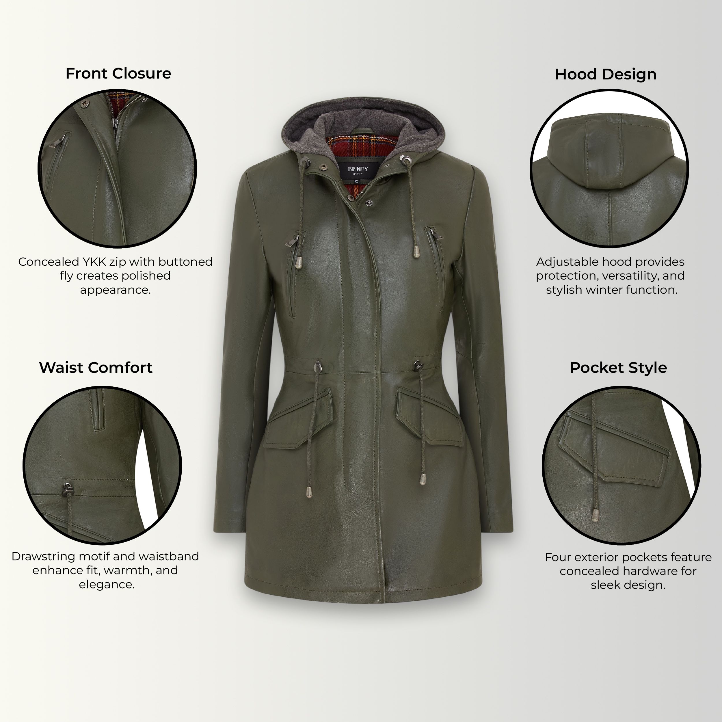 Infinity Leather Mid Length Hooded Parka Jacket-Oakengates