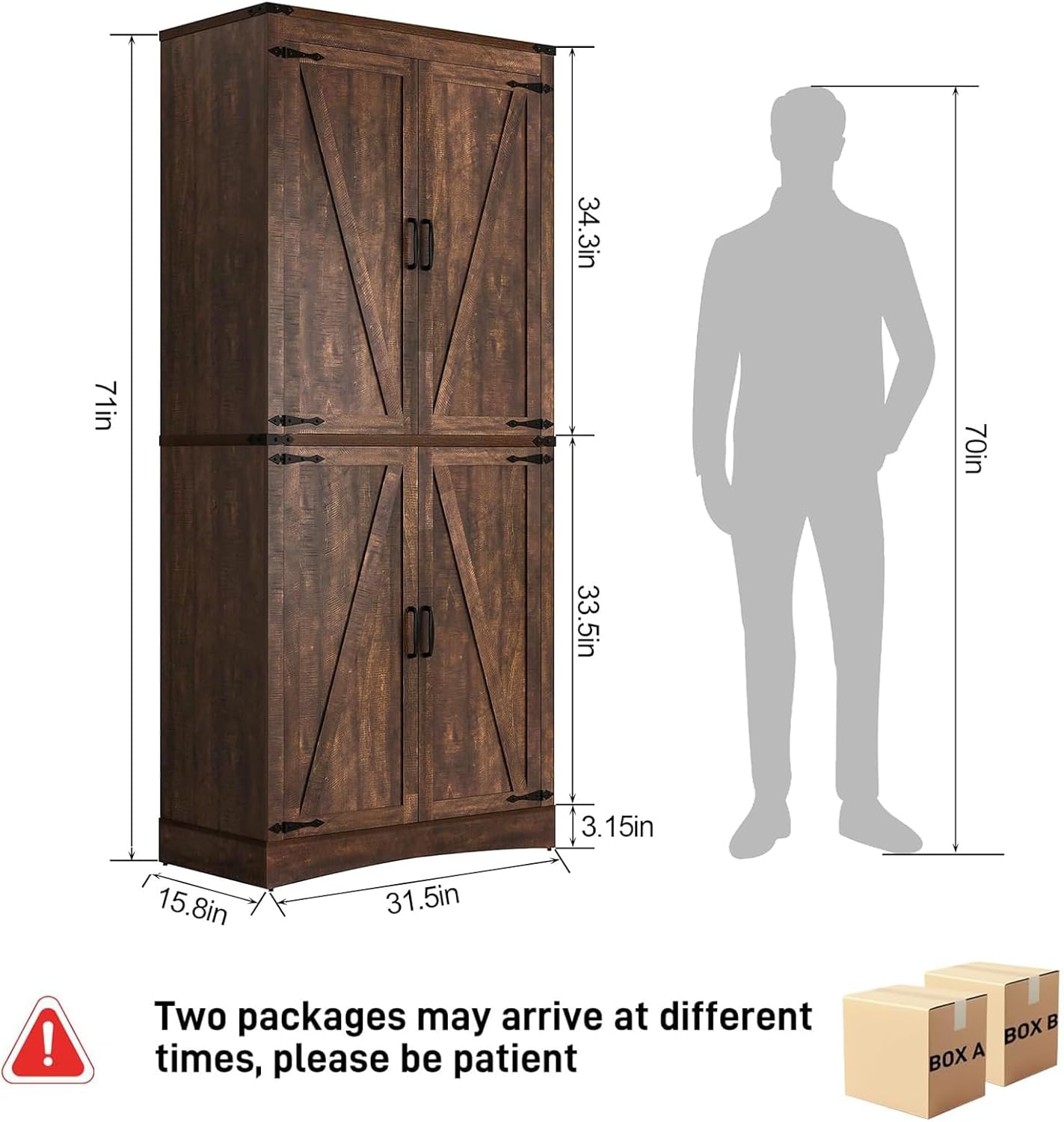 71 Tall Kitchen Pantry,Farmhouse Storage Cabinet with Adjustable Shelves,Load-Bearing Steel Pipe,Farmhouse Pantry Cabinet with 4 Barn Doors, for Kitchen,Dining Room,Living Room(Brown)
