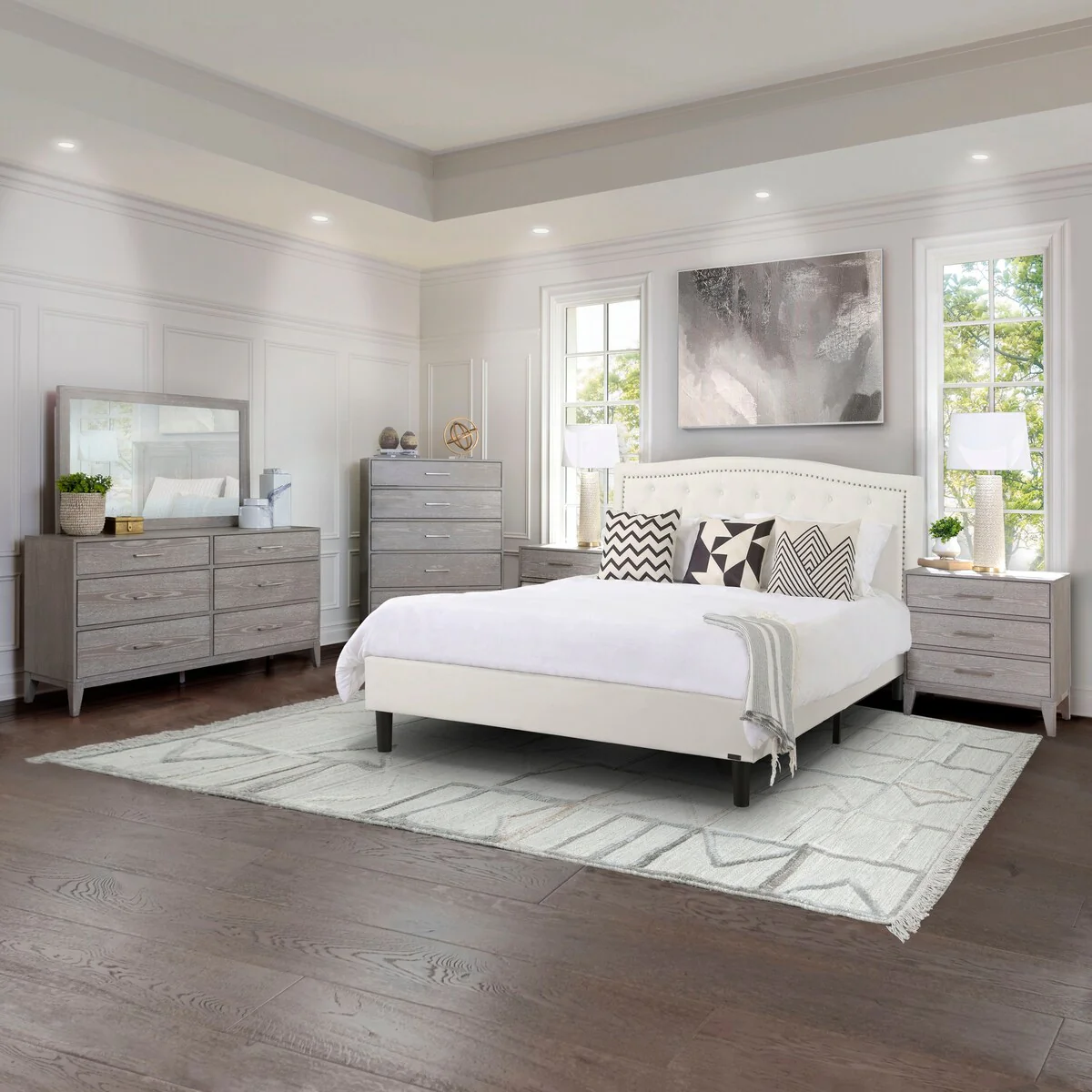 Abbyson Palmera 6 Piece Queen Bedroom Set with Grey Upholstered Bed