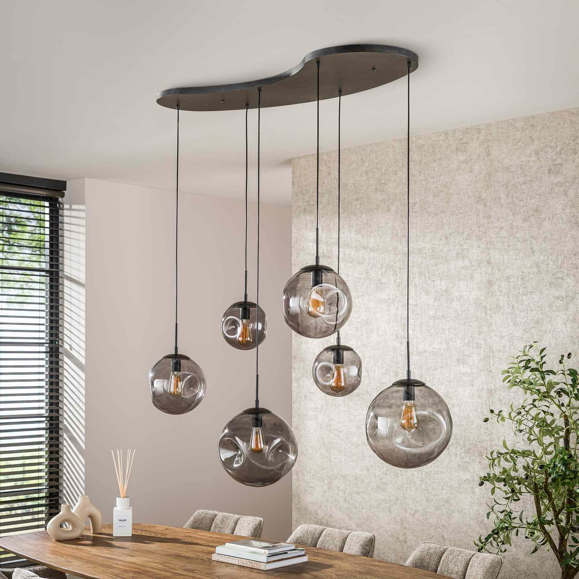 Suspension en verre fumé – 6 globes déformés NIAGARA