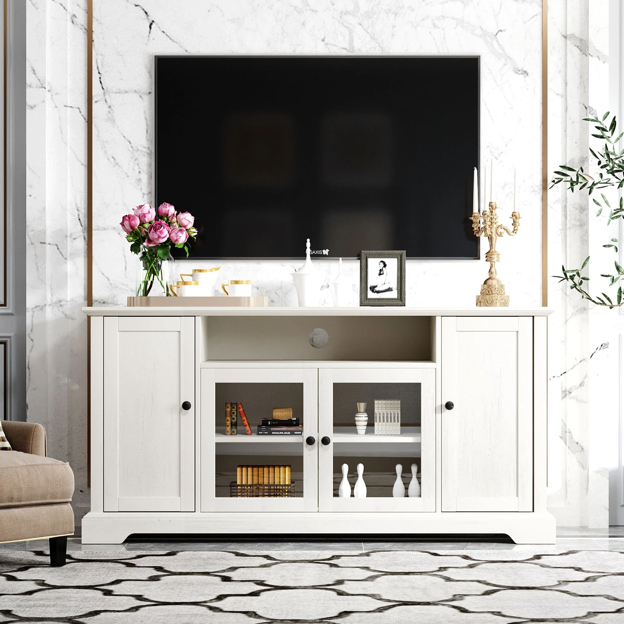 White Wood TV Stand Storage Cabinet 2 Tempered Glass Doors For 65 inch - 18.90 x 59.80 x 29.90