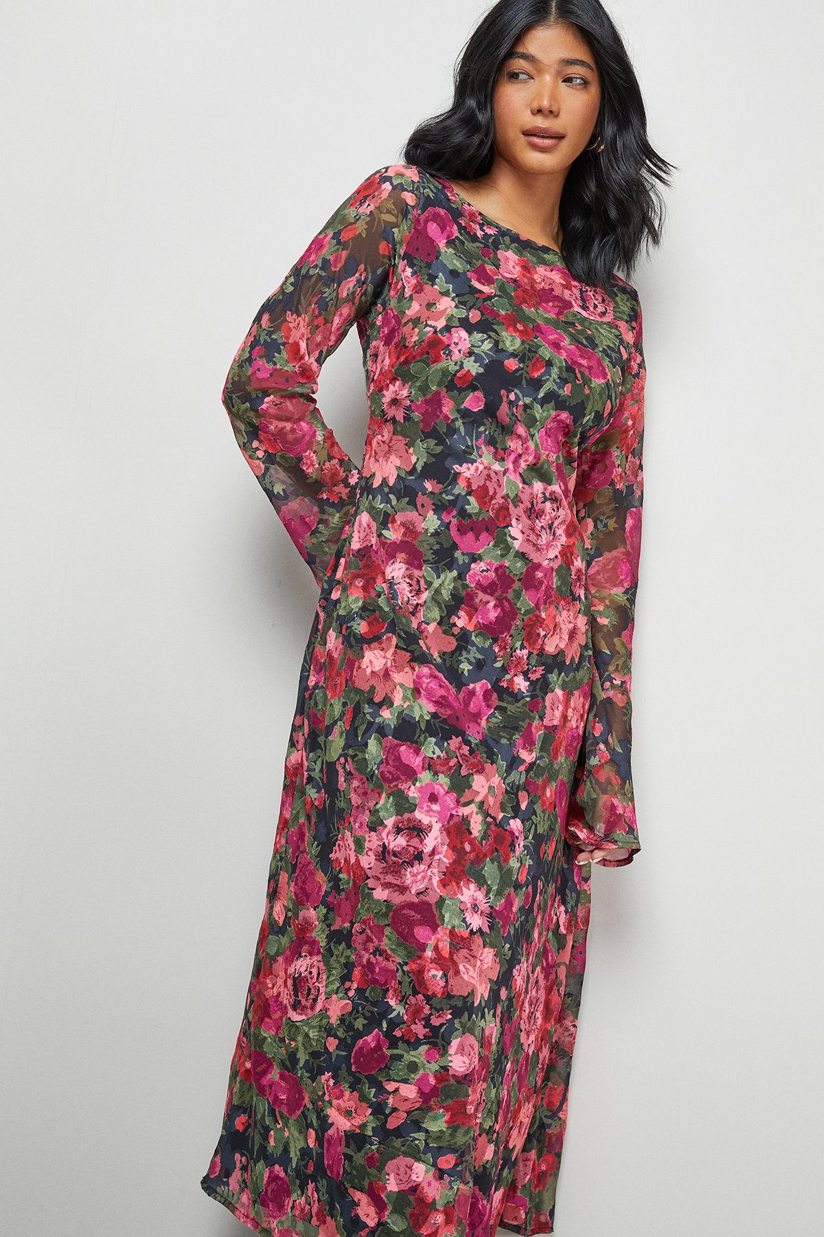 Warehouse Burnout Floral Chiffon Slash Neck Bias Midi Dress
