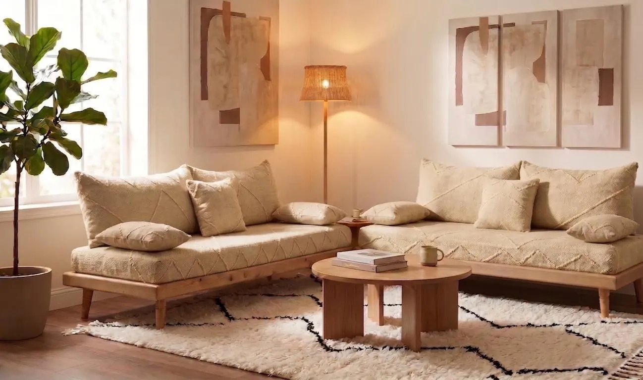 Beige Moroccan Handmade Wool Sofa with Foam & Solid Cedar Wood Base , Modern Boho Living Room Furniture