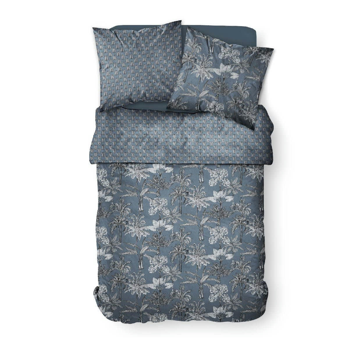 SUNSHINE - Parure de lit 2 personnes imprimé jungle en Coton Bleu 220x240 cm