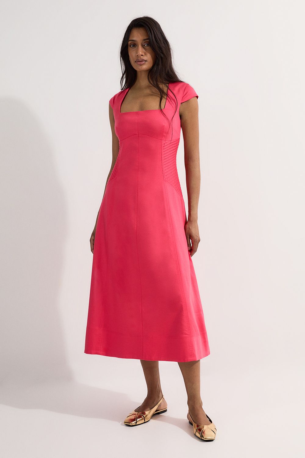 KarenMillen Premium Linen Pintuck Detail Full Skirted Tailored Midi Dress