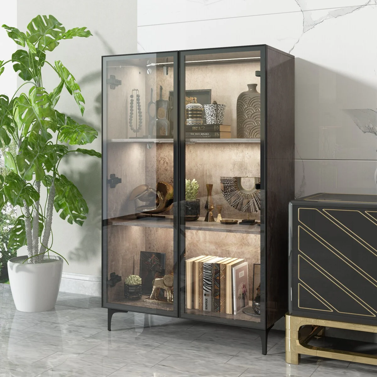 Display Storage Cabinet Showcase with Glass Doors and LED Light