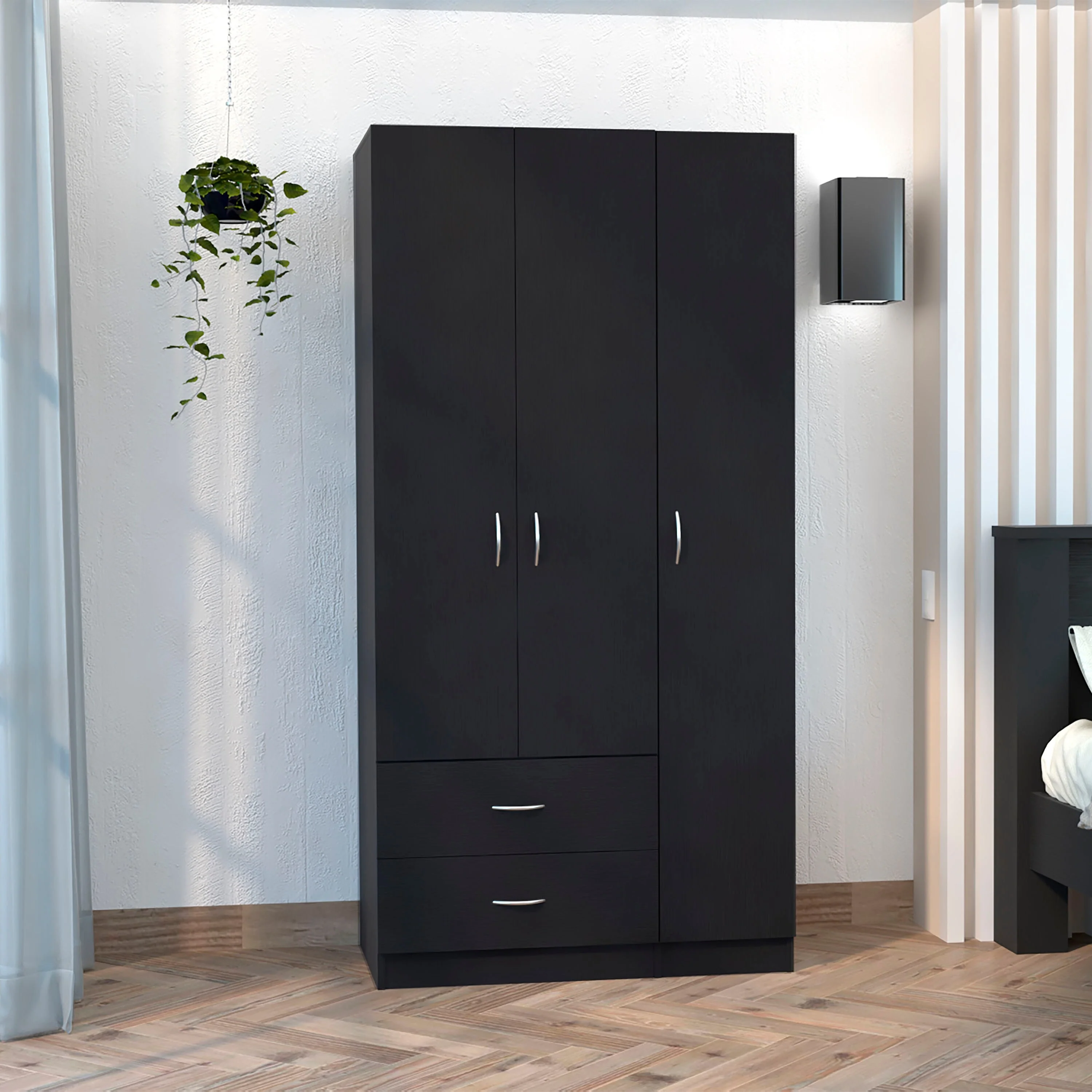 35.4 Modern Three-door Armoire with Two Drawers, Shelves and Hanging Rod