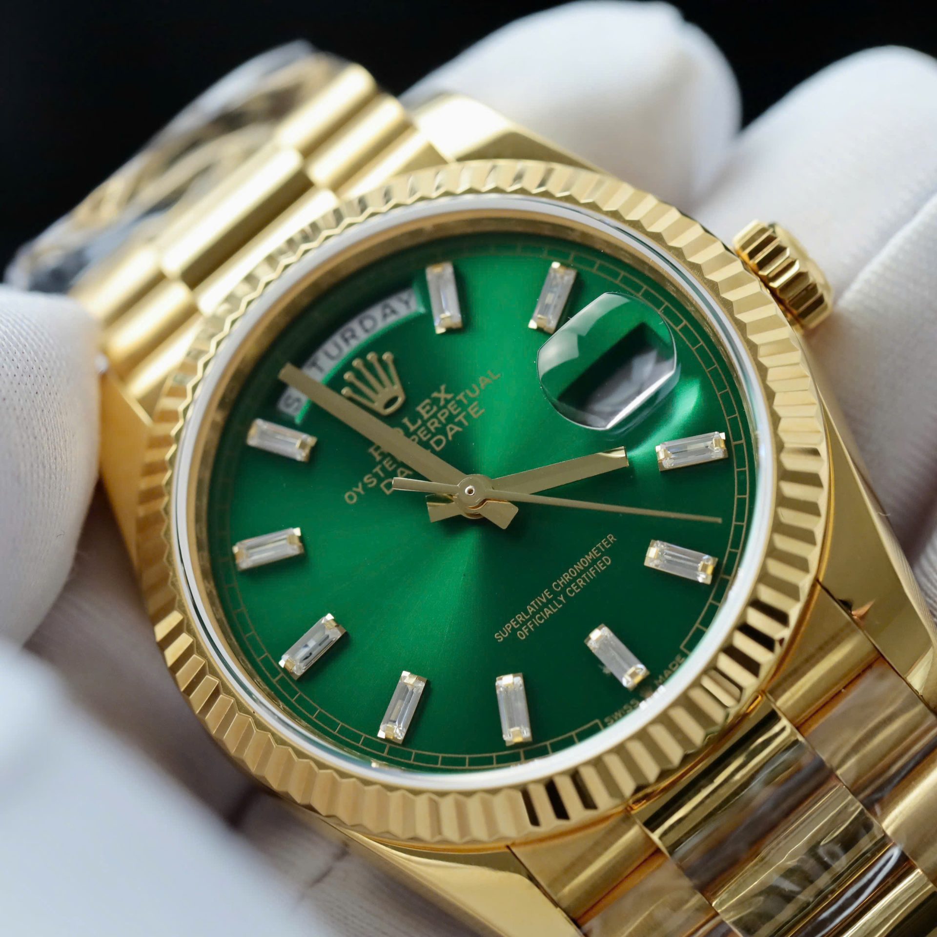 Rolex Day-Date YG Plated Green Dial CZ Diamonds 36mm Super Clone