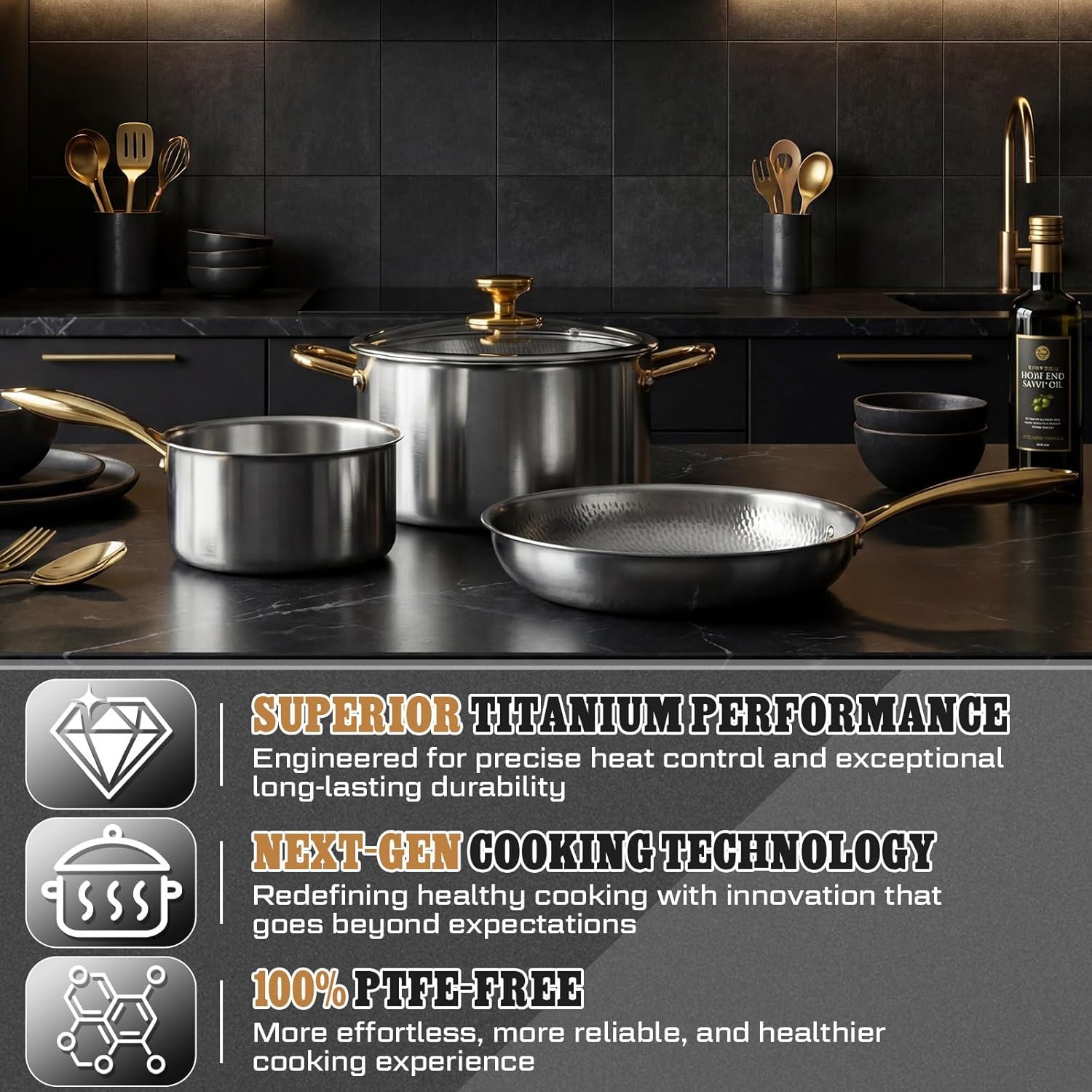 Titanium Pro Cookware Set 8 Pcs Cooking Pans and Pots with Lid and Spoon, Spatula, Triply Titanium No Coating Technology for Induction, Cooktops, Safe up to 1000°F, Dishwasher Safe
