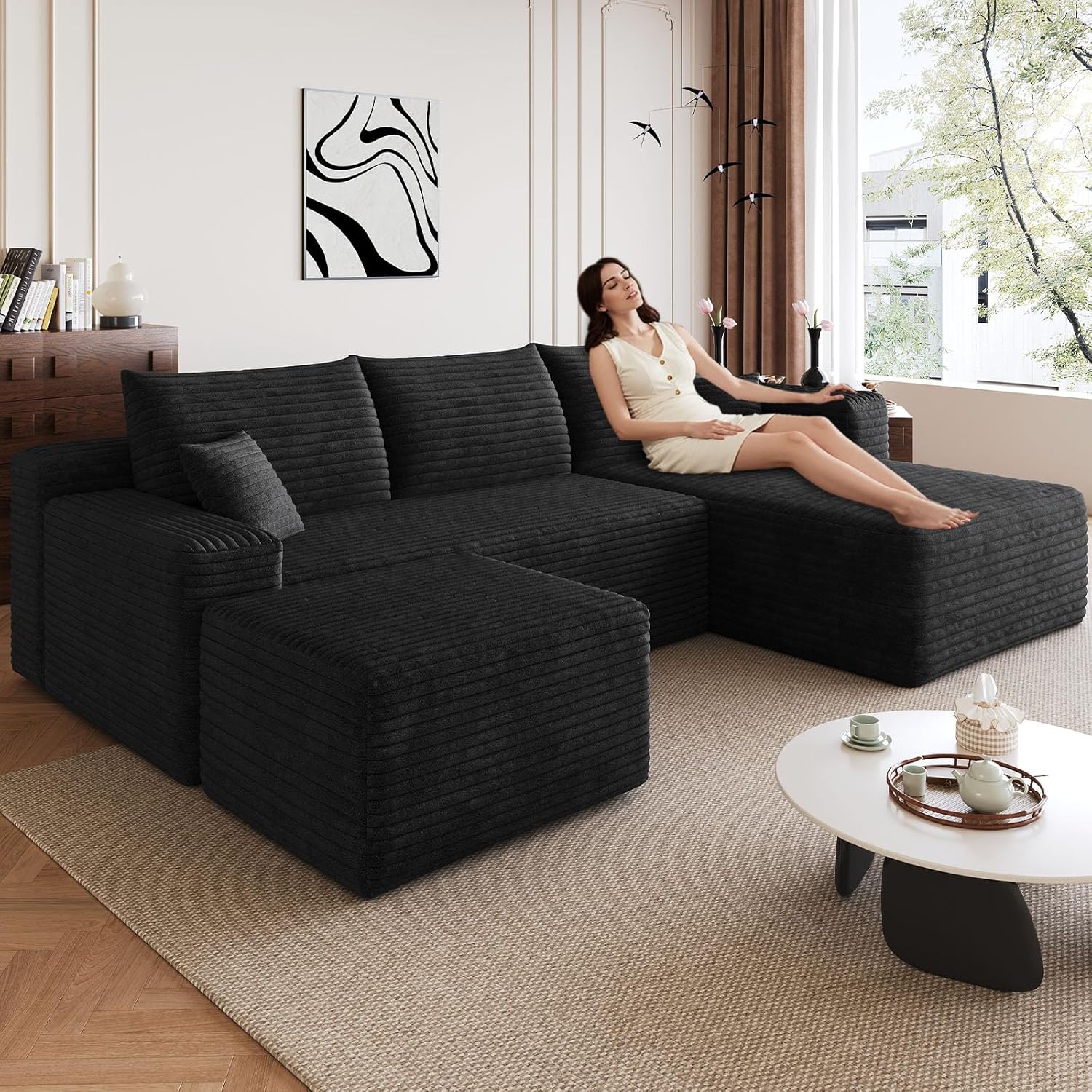 95 Modular Sectional Sofa with Ottoman, Modern Corduroy Cloud Couch with Deep Seat, Boneless Couch Upholstered 3-Seater U-Shaped Sofa for Living Room, No Assembly (Black,Right-Facing Chaise)