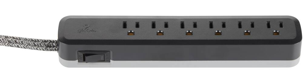Globe 6-Outlet Power Bar with 6-ft  Fabric Cord and Right Angle Plug, Black/Grey