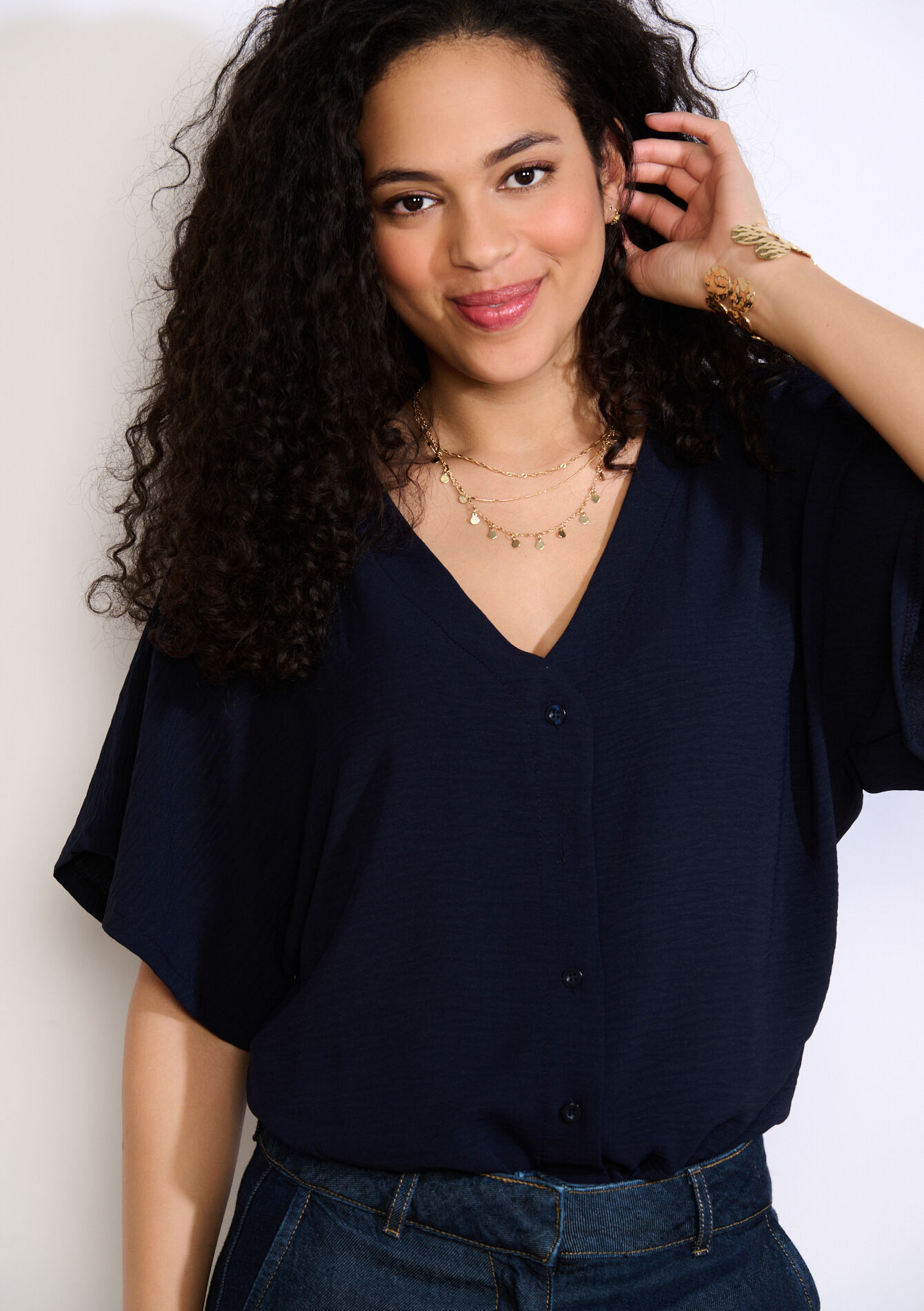 Losvallende blouse met korte mouwen