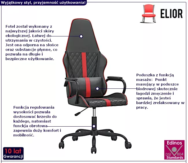 Czarno-czerwony masujący fotel gamingowy - Pagis 11X