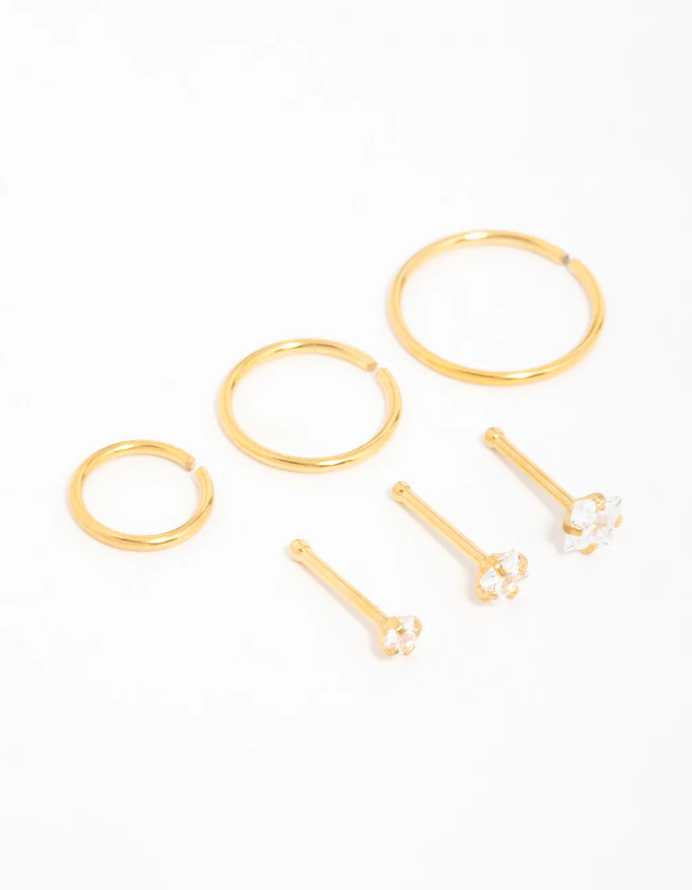 Gold Plated Surgical Steel Cubic Zirconia Stud & Hoop Nose Piercings 6-Pack