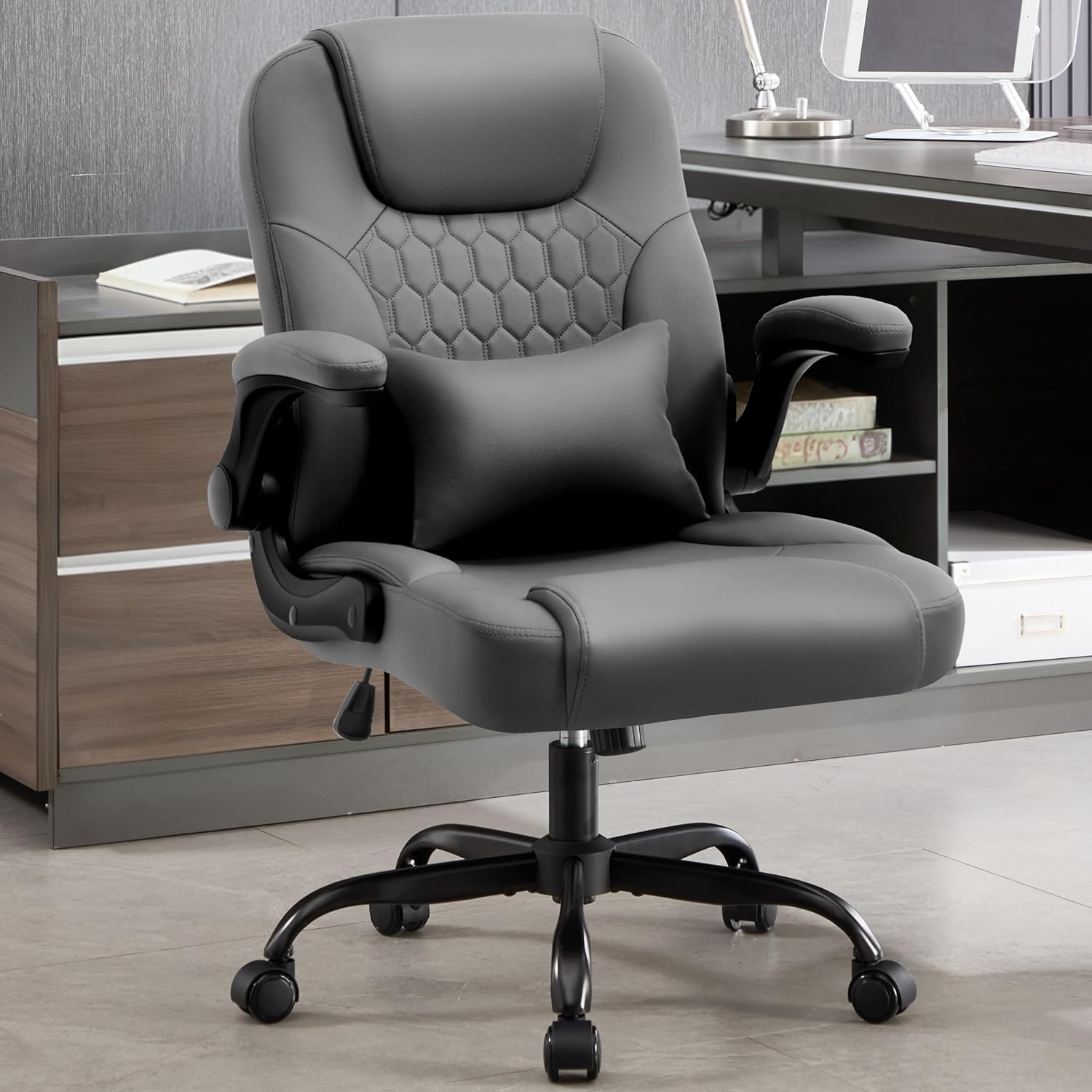 Executive Office Chair PU,Leather Office Chair with Wheels,360° Swivel Rolling Chair with Padded Arms,Ergonomic Computer Chair with Lumbar Support for Short People Use (Grey)