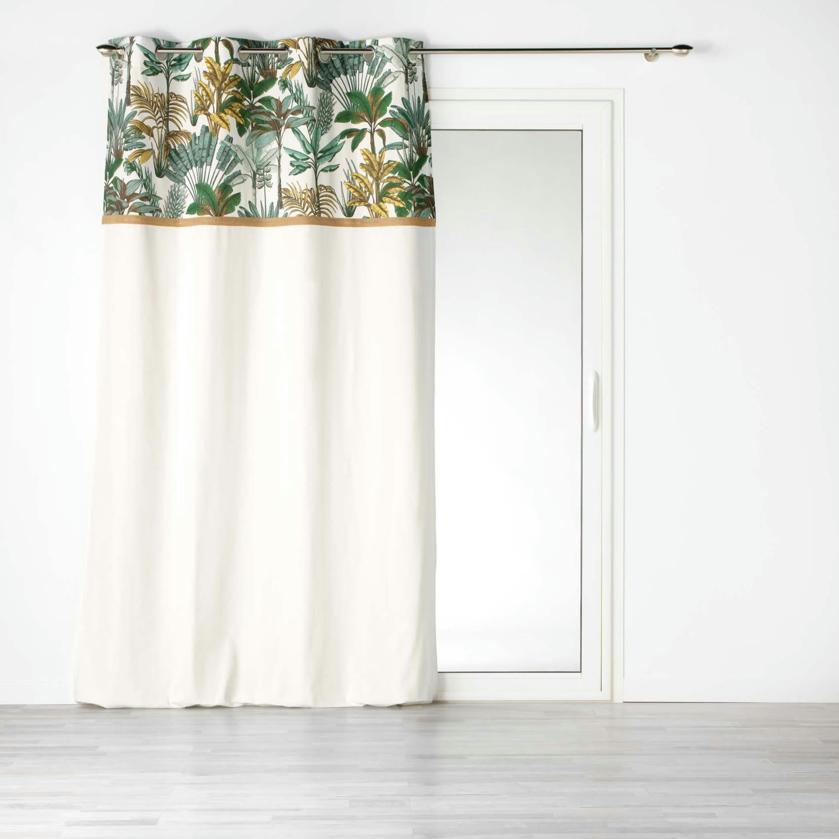 BALINESIA - Rideau imprimé feuillage avec toile de jute coton blanc/vert 240x140cm