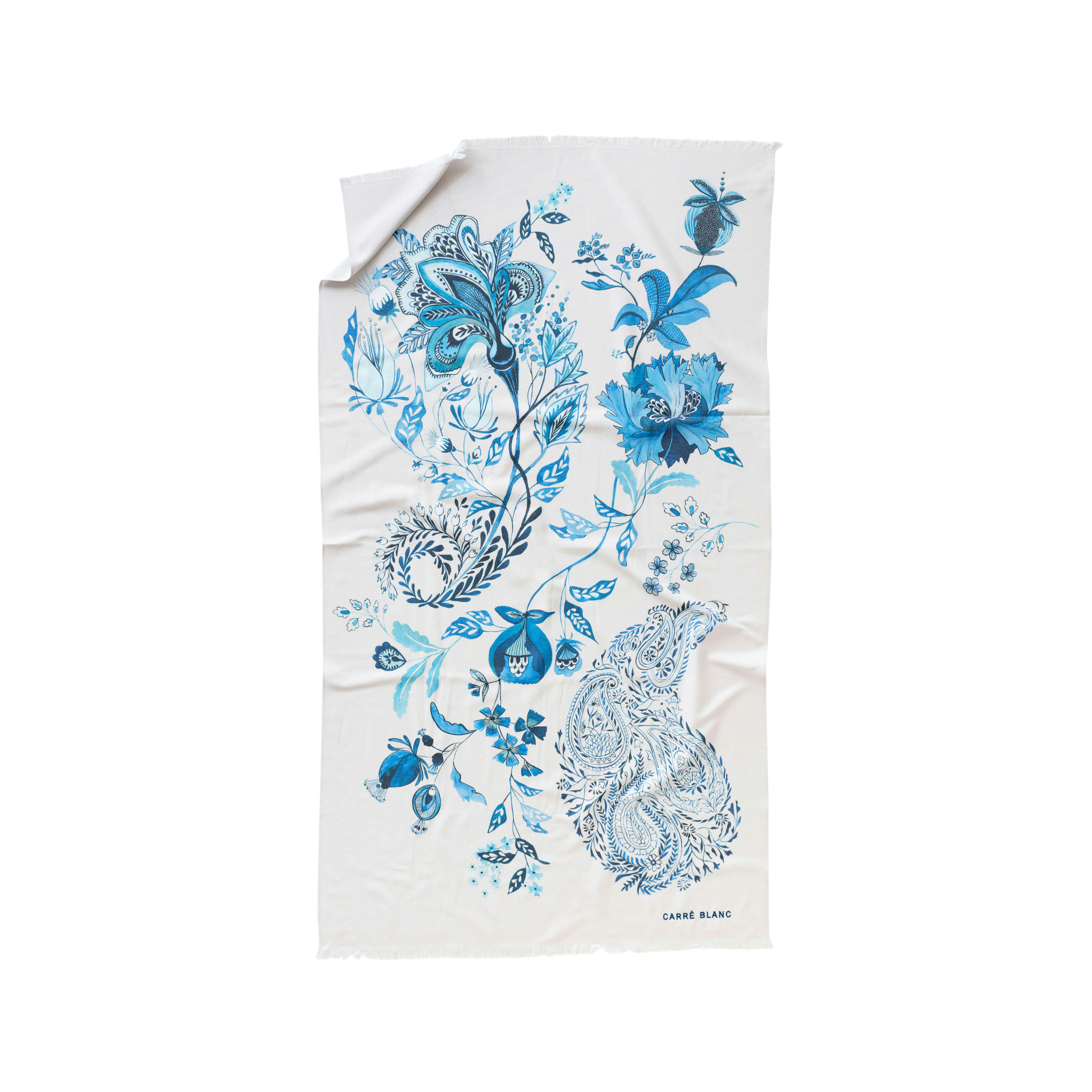 MADELEINE - Fouta coton imprimé brodé bleu 100 x 180 cm