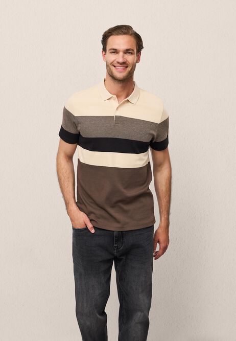 Mens Brown Stripe Cotton Polo Shirt