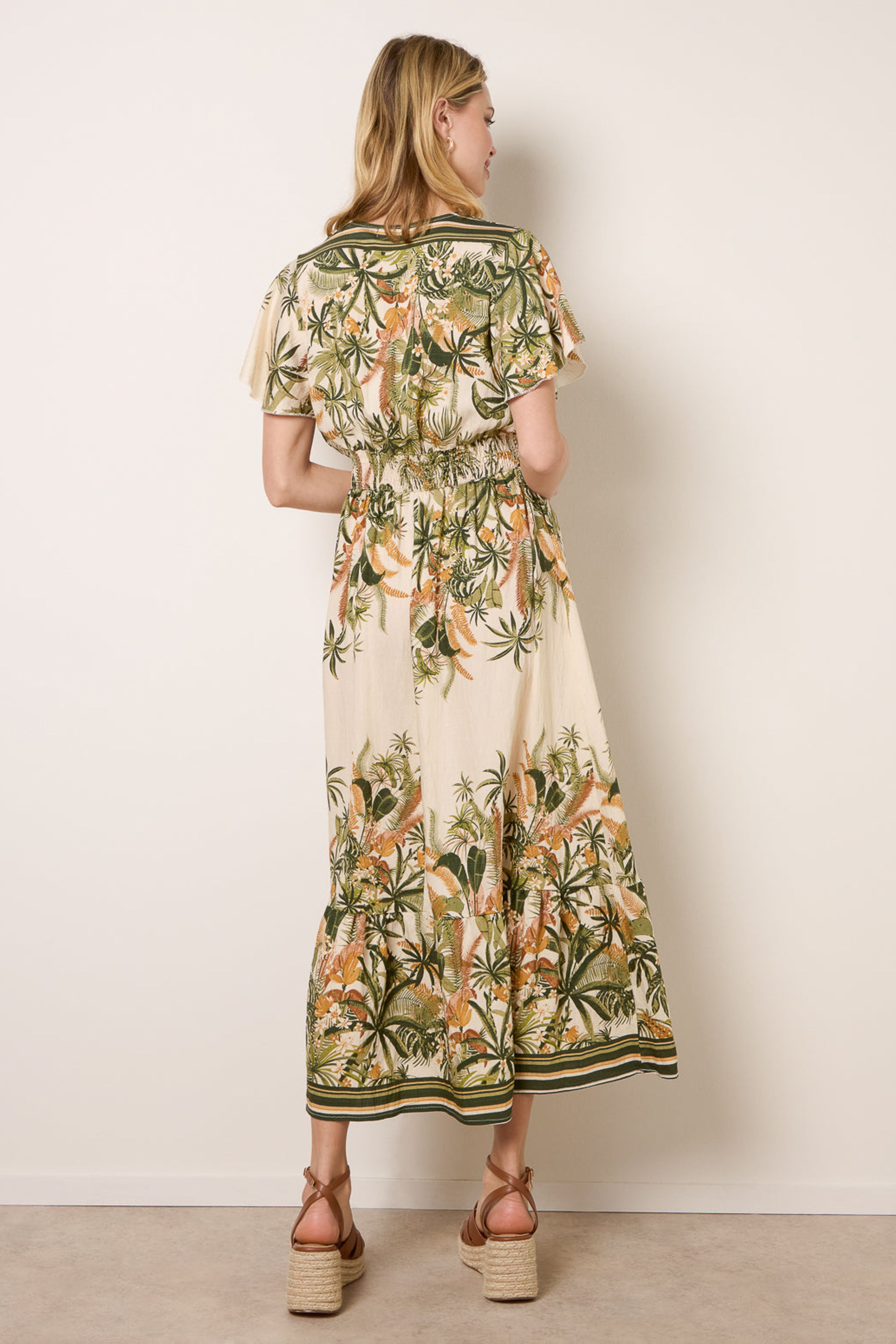 Blue Vanilla Green Tropical Print Wrap Front Dress