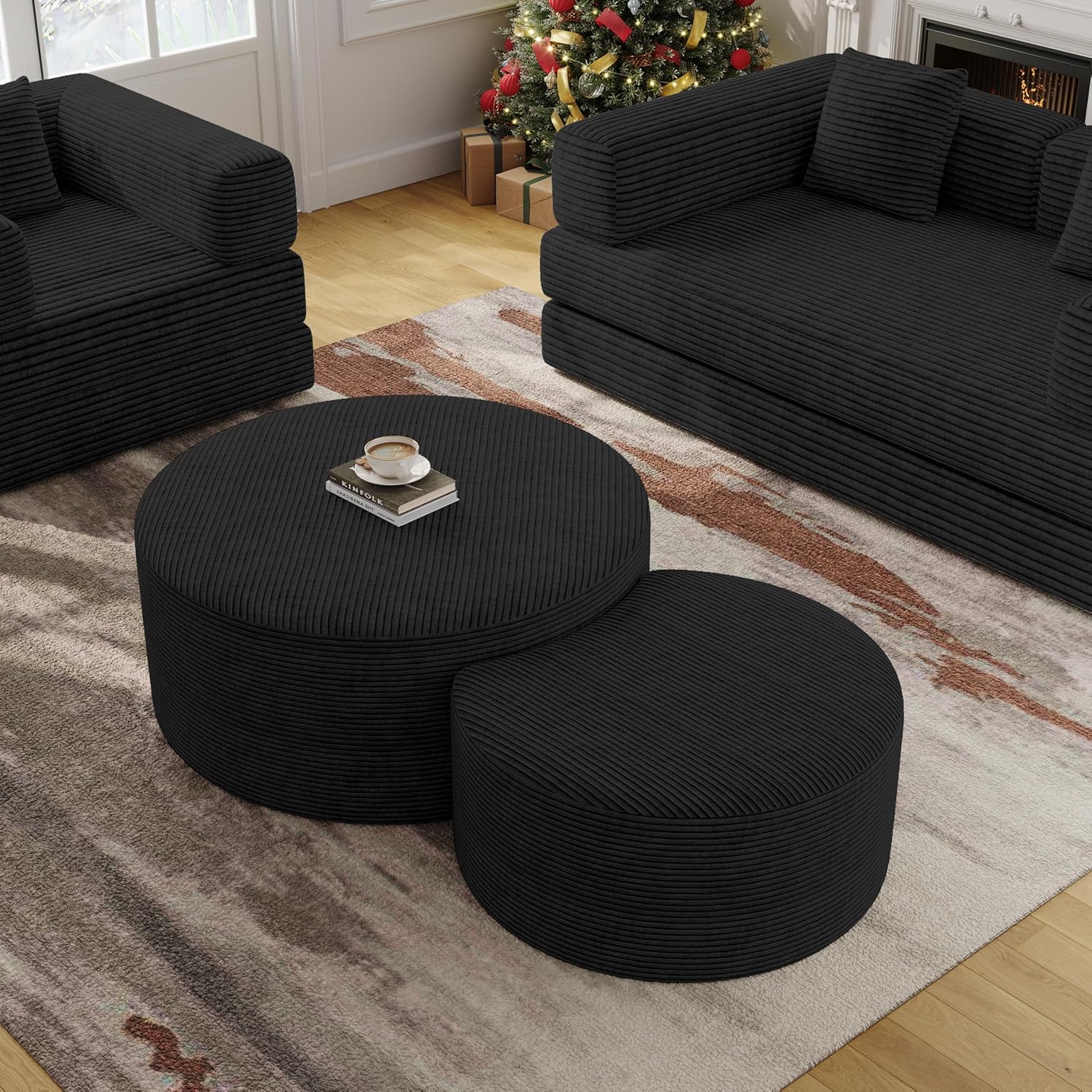BSHOMGI Nesting Coffee Table Set of 2, Upholstered Round Corduroy Circle Foam Round Side Table for Living Room, Entryway Set, 32+17 Footrest No Assembly (Black, 32+17)