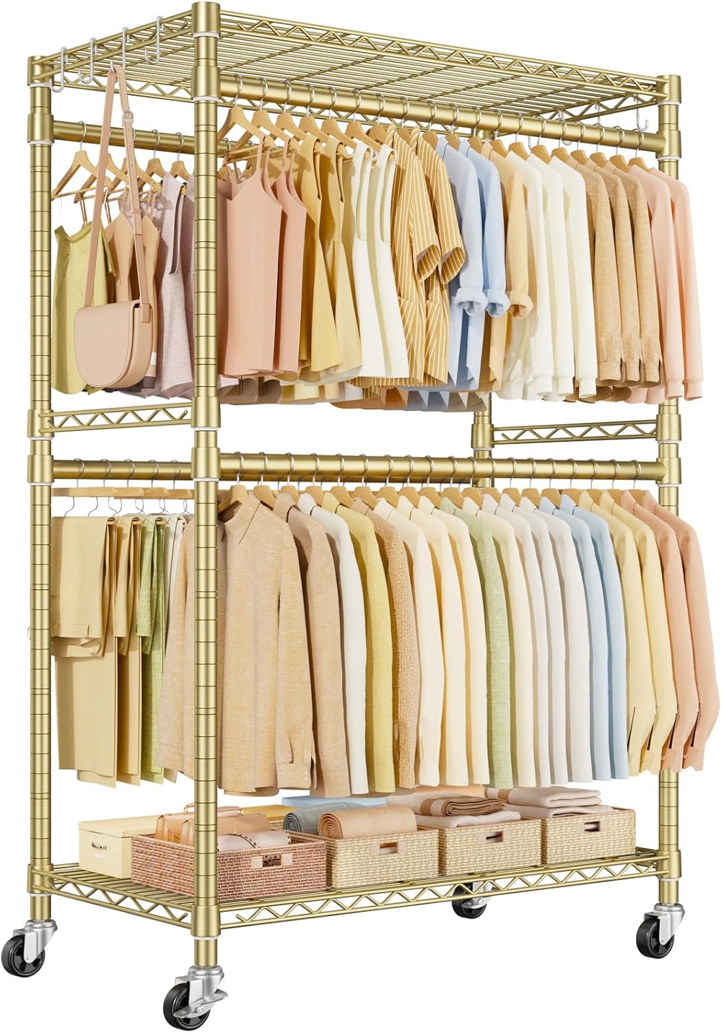 ULIFHOME P4 Plus Rolling Clothes Rack Heavy Duty, Clothing Racks for Hanging Clothes, Free Standing Garment Racks with Wheels, Portable Closet Rack 45'' W × 20.5'' D × 80.5'' H, Max Load 570 Lbs, Gold