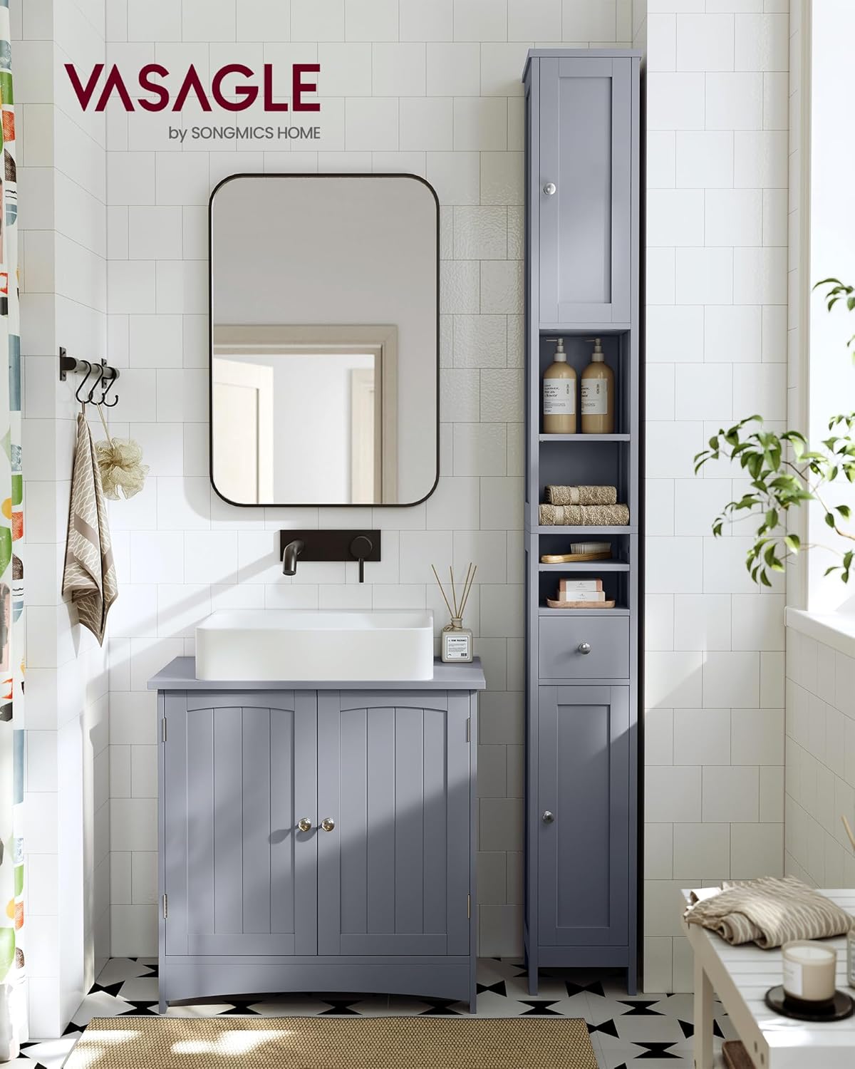 VASAGLE Tall Bathroom Cabinet, Slim Freestanding Bathroom Storage Cabinet with Adjustable Shelves, Drawer, Open Compartments, for Small Spaces, Modern, Dove Gray UBBC765G02