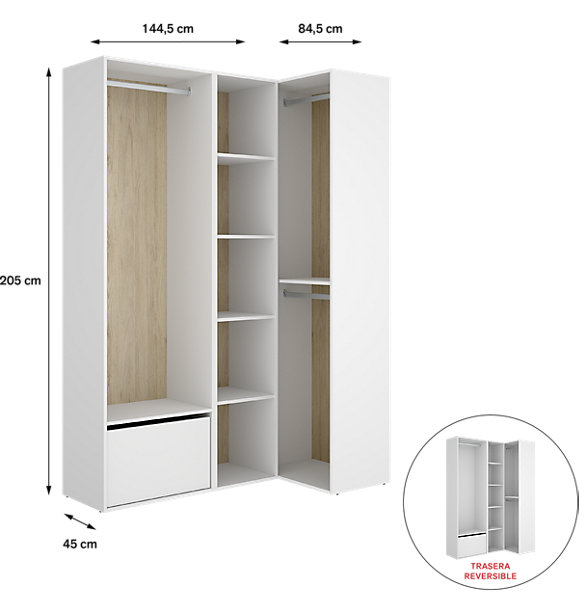 Ensemble dressing d'angle avec portes à chaussures et fond d'arrière réversible coloris chêne naturel, blanc