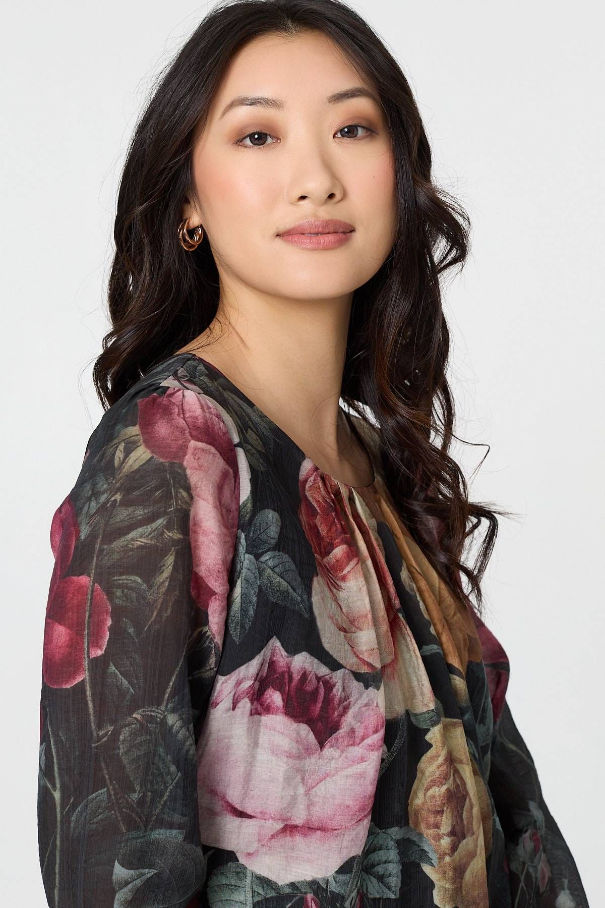 Izabel London Floral Long Puff Sleeve Pleated Blouse