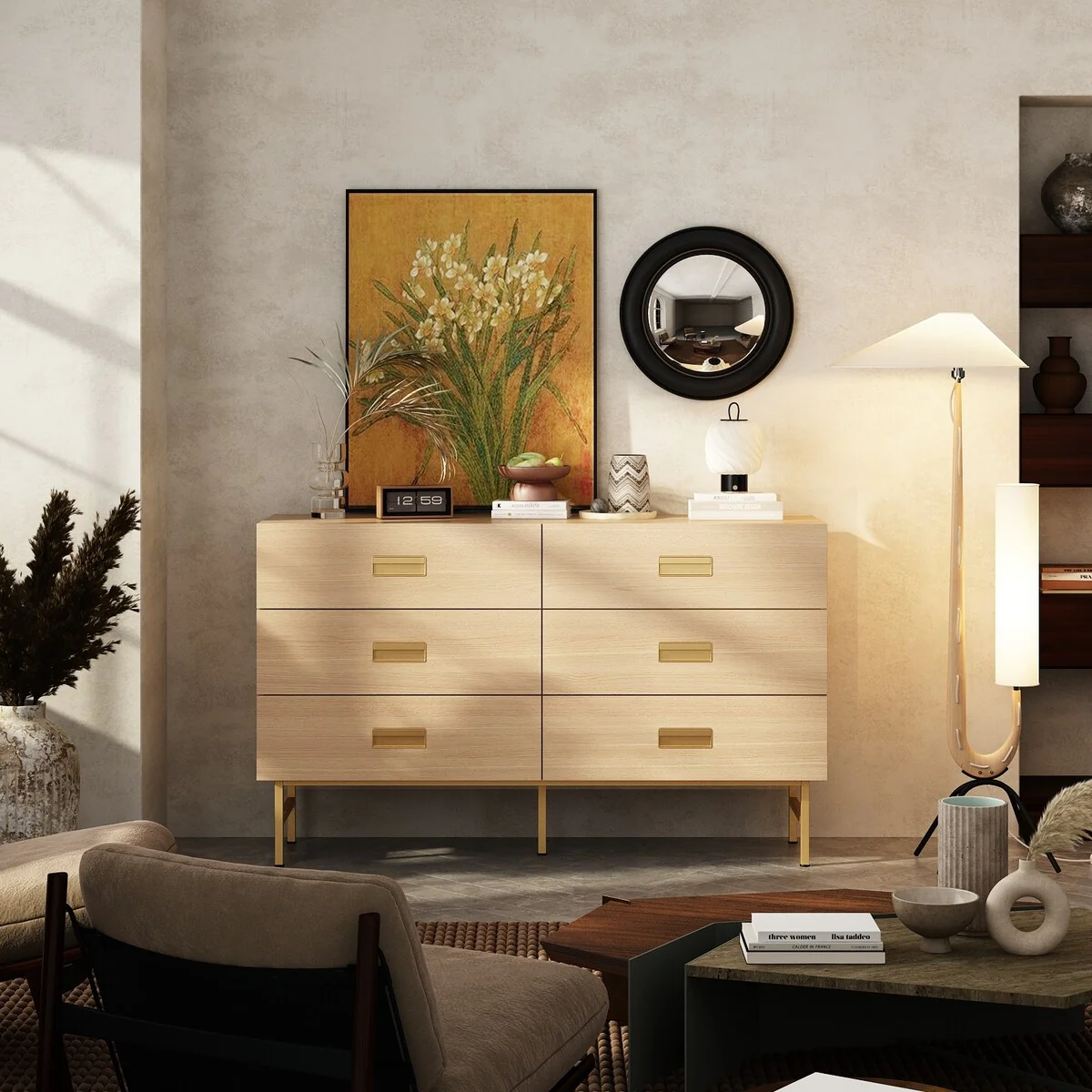 Dresser with Gold Handles - 6 Spacious Drawers for Home Organization