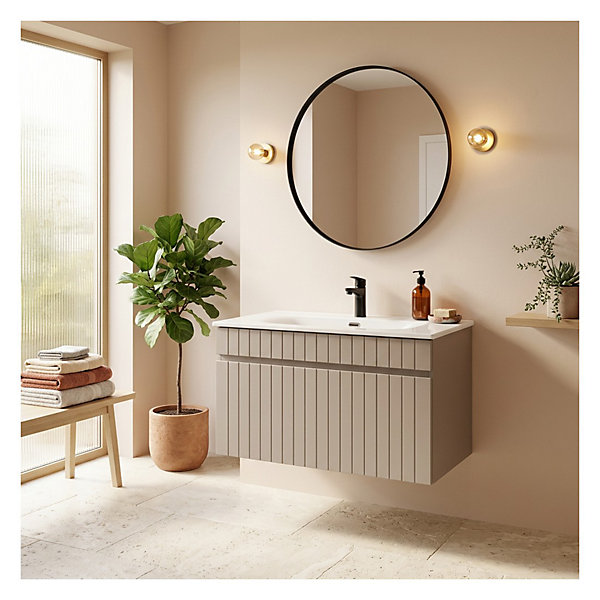 Ensemble de salle de bain ICON : meuble sous vasque 80cm cachemire et vasque à encastrer blanche