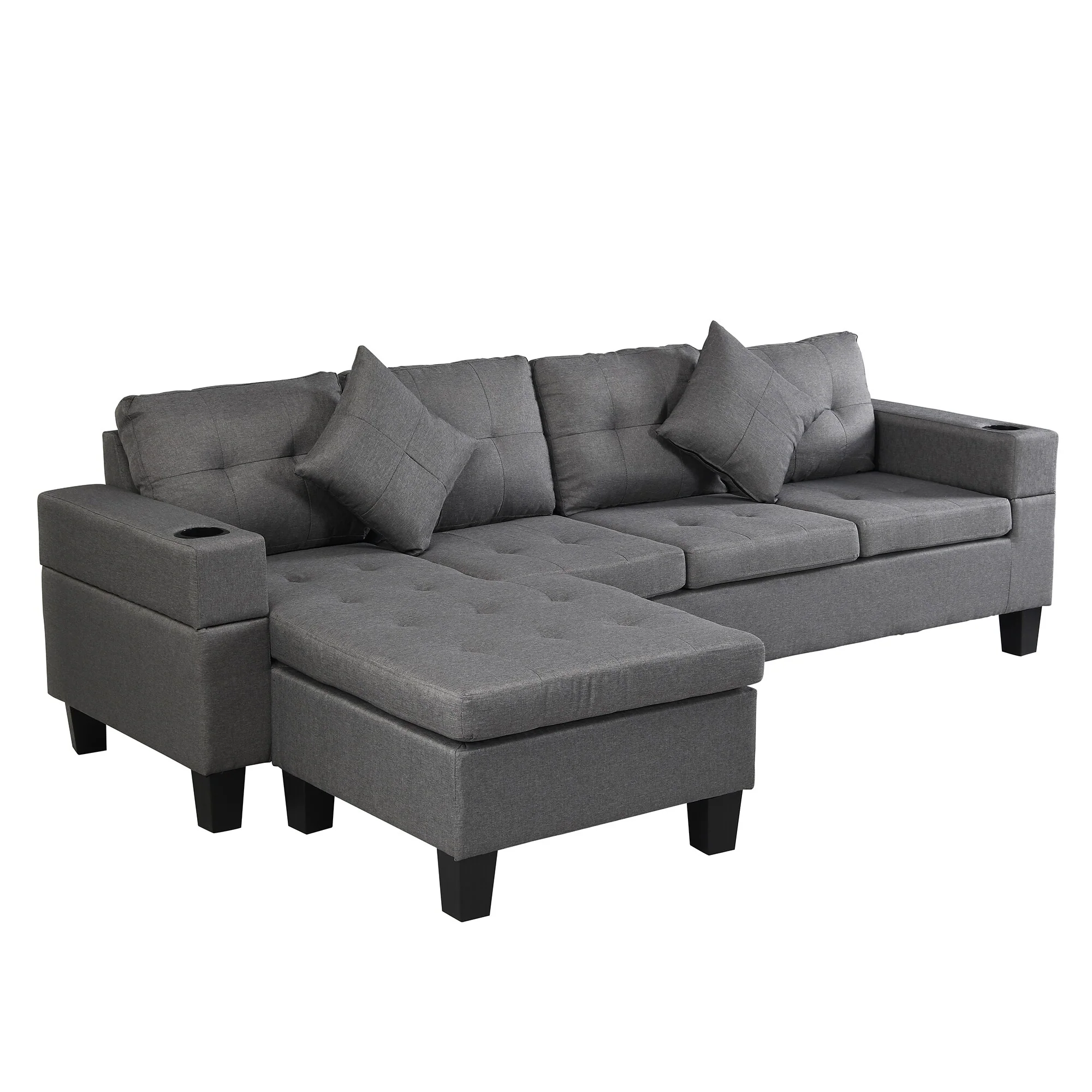 Modern Sectional Sofa with Reversible Chaise and Built in Cup Holders for Living Room and Guest Room