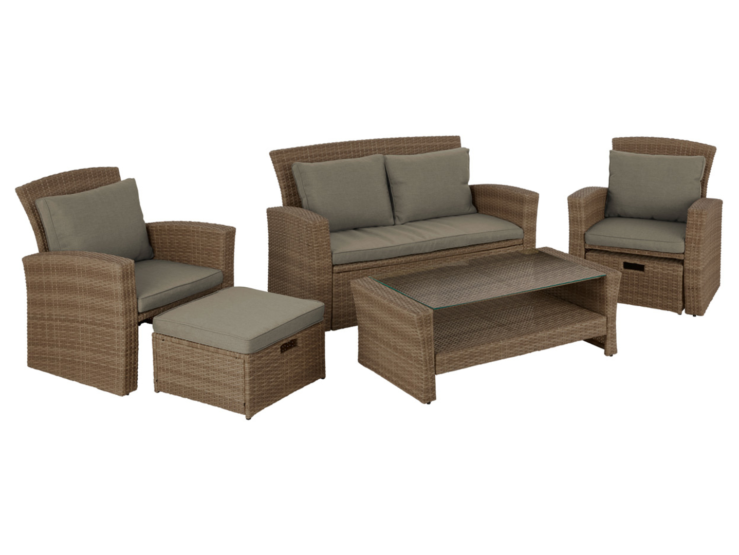 Zestaw mebli ogrodowych z technorattanu Vitoria stolik sofa 2 fotele   2 siedziska z poduszkami