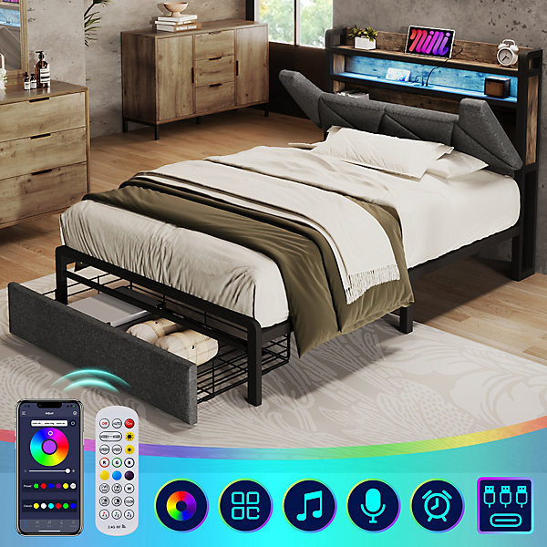 Lit avec rangement 90x200 cm - Lit simple rembourré avec tiroirs et fonction de chargement USB - Lin - Sans Matelas - Gris
