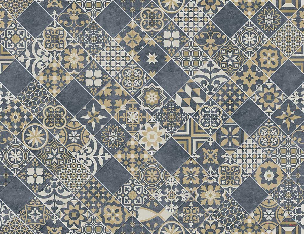 PVC Calypso Tile Blau, Gold 2m