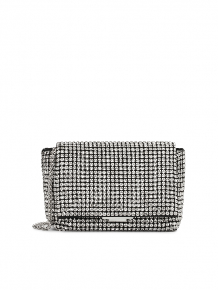Evening bag with flap decorated with zircons