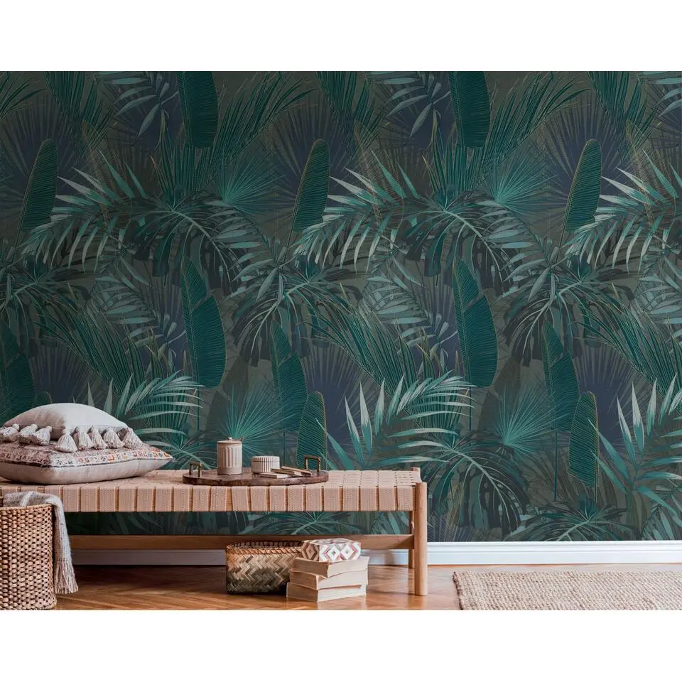 Livingwalls behang jungle-motief petrolblauw, blauw en groen - 53 cm x 10.05 m