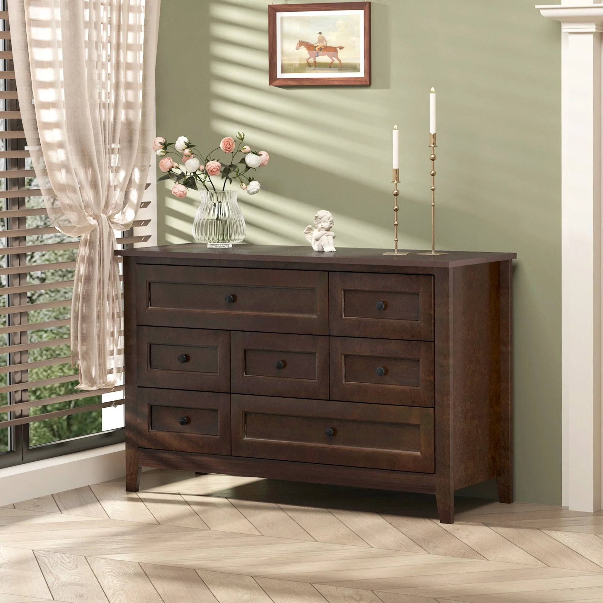 Retro Style 7-Drawer Solid Wood Horizontal Dresser with Round Handle for Bedroom, Living Room