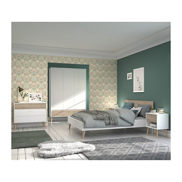 Lit adulte - AALBORG - 140 x 190 cm - Blanc / Chene - PARISOT
