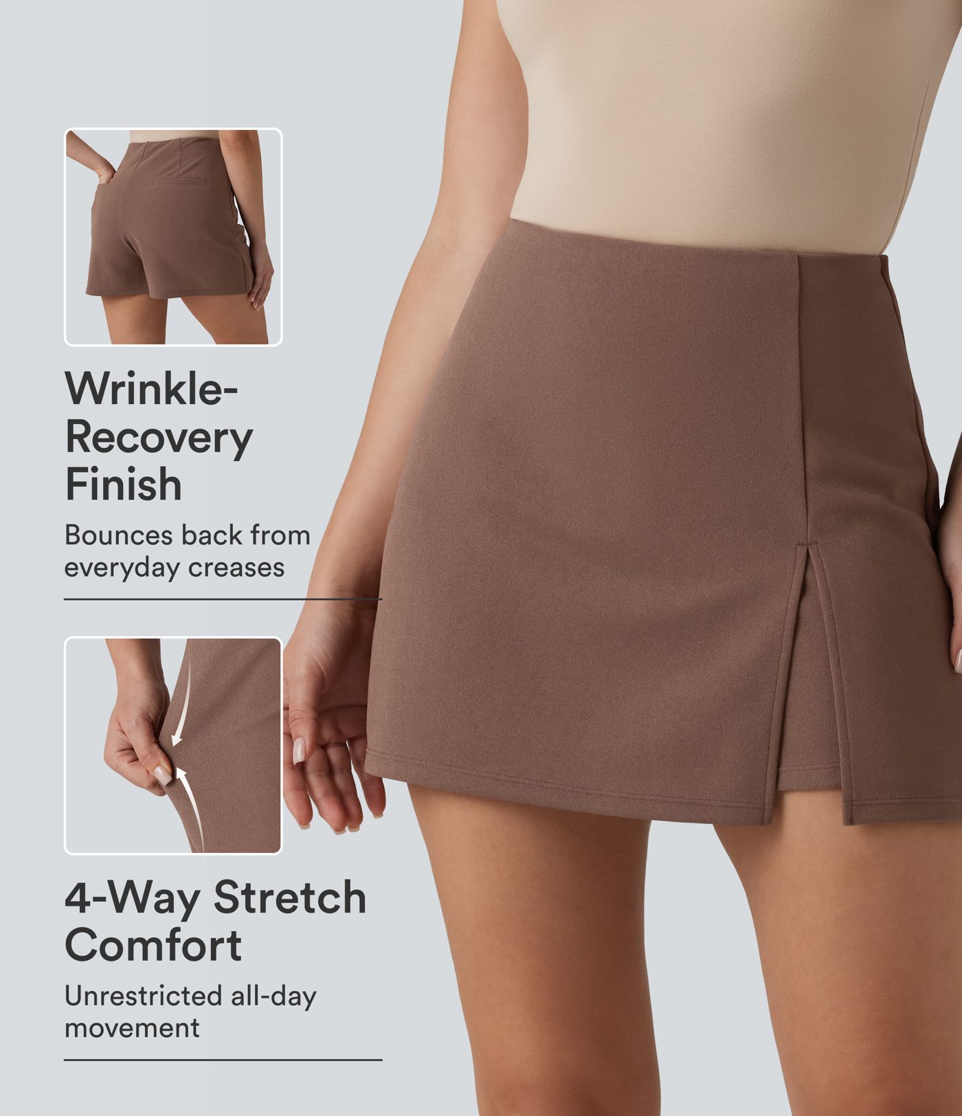 Jupe-short de bureau taille haute coupe trapèze fendue défroissage facile avec poches