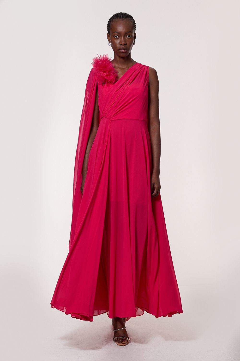 KarenMillen Georgette Pleated Bustier Cape Back Woven Maxi Dress