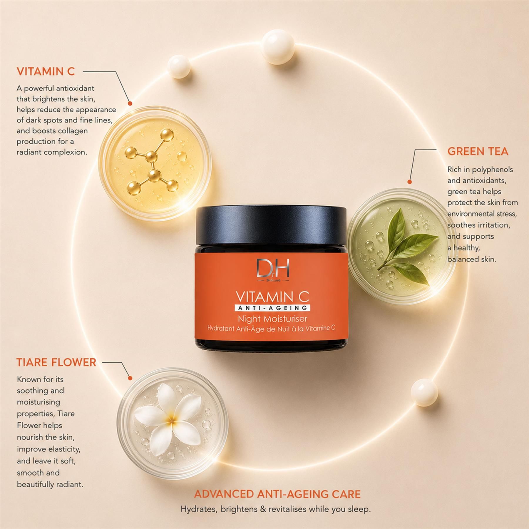 Dr H Vitamin C Anti-Ageing Night Moisturiser 60ml for Brightening and Radiance